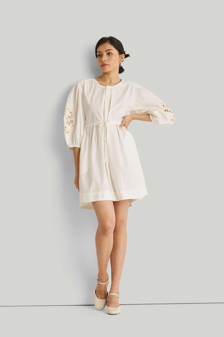 Shirt Dress with Balloon Sleeves - White