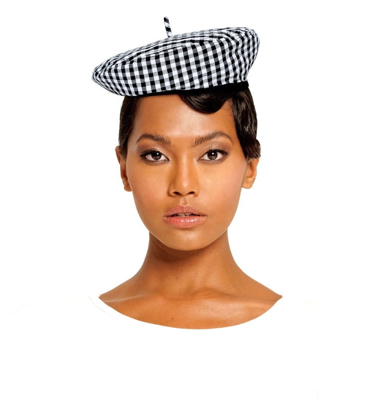 Simone Gingham Beret Hat - Black