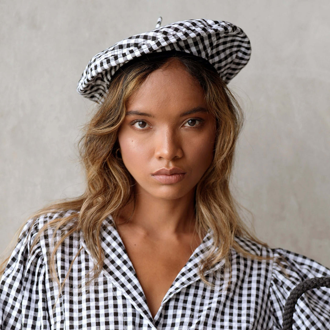 Simone Gingham Beret Hat - Black