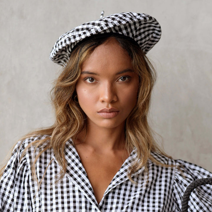 Simone Gingham Beret Hat - Black