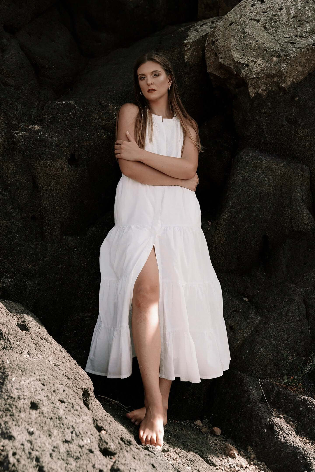 Sleeveless embroidered tiered maxi dress Coconut White / L Sleeveless embroidered tiered maxi dress Coconut White / L