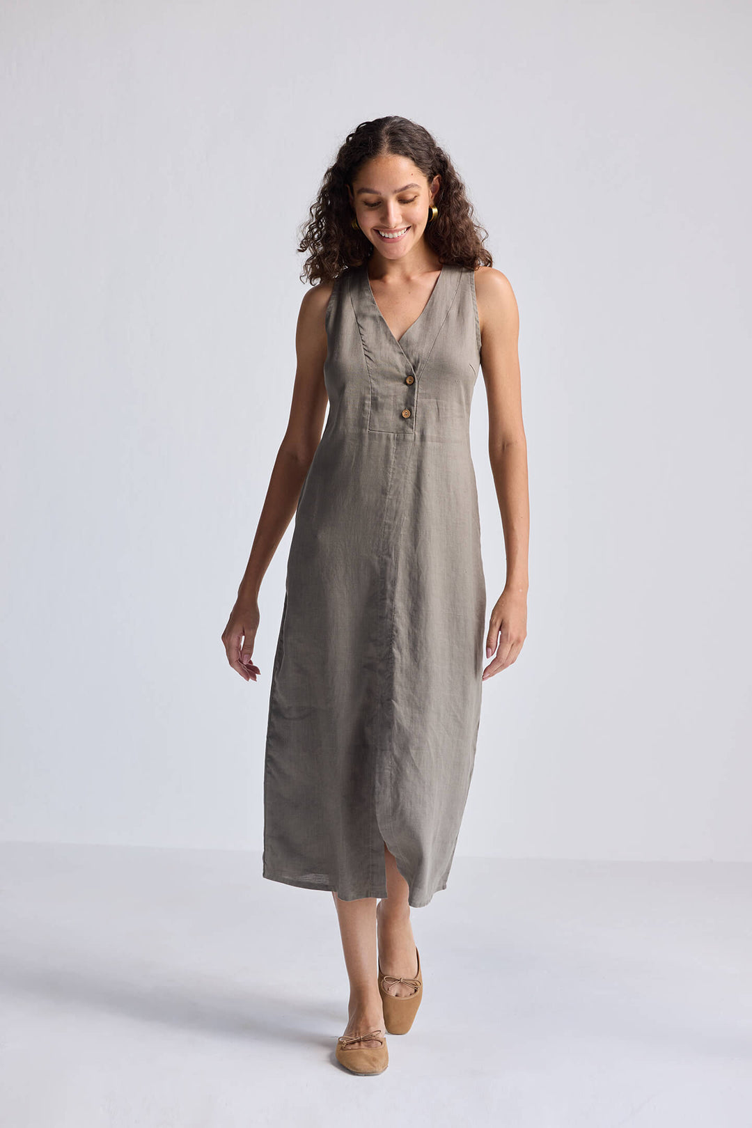 Straight Dress with Front Slit in Dark Green Hemp