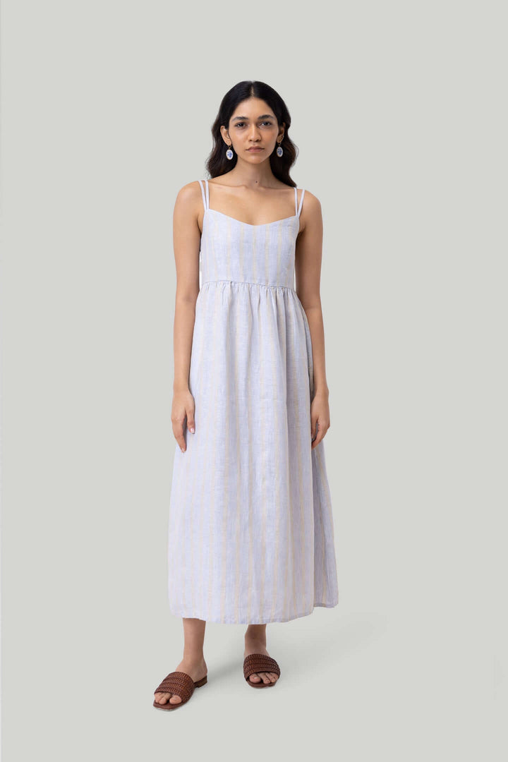 Strappy Gathered Midi Dress - Linen Stripes