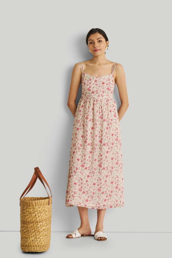 Strappy Gathered Midi Dress - Pink Florals