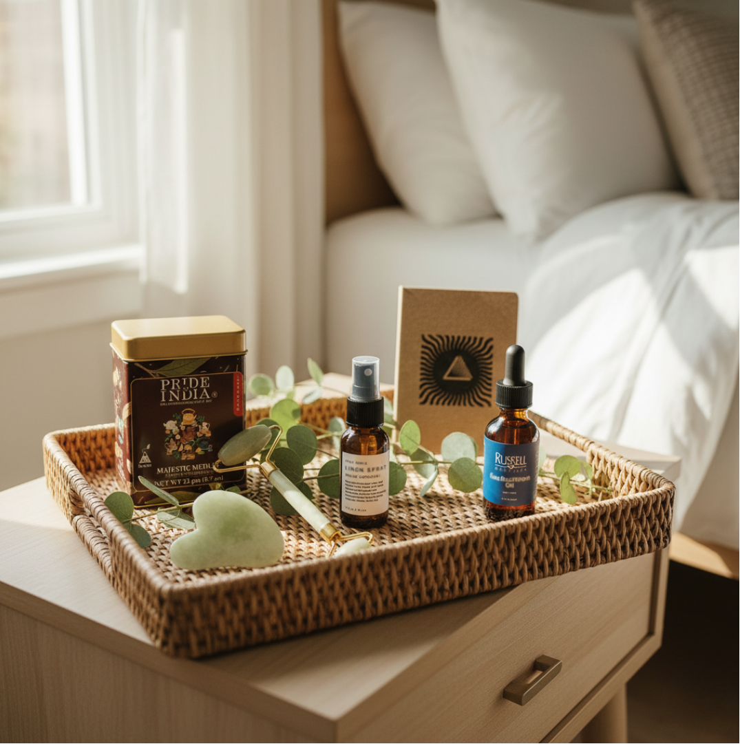 Sunrise Ritual Curated Discovery Bundle: a morning routine kit on bedside table with artisan tools and natural ingredients.