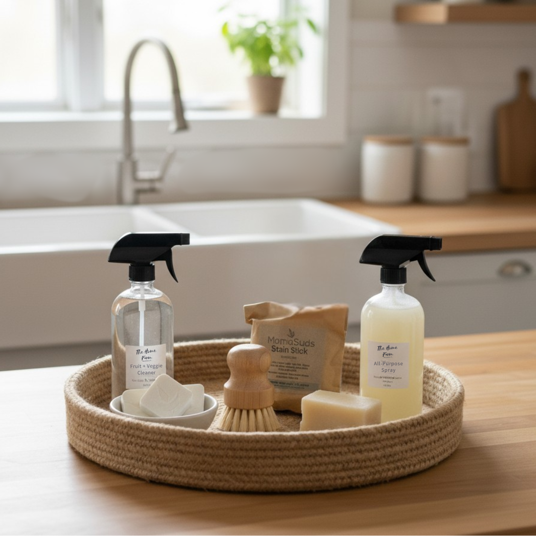 Eco-friendly cleaning supplies bundle with non-toxic ingredients on kitchen counter.