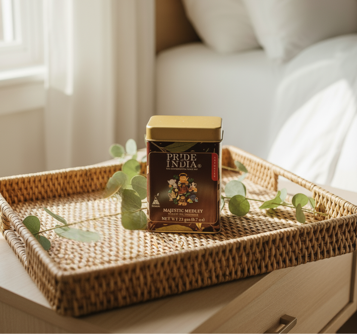 Morning Routine Kit: Pride India Majestic Medley tea on woven tray by bed, creating a soothing morning ambiance.