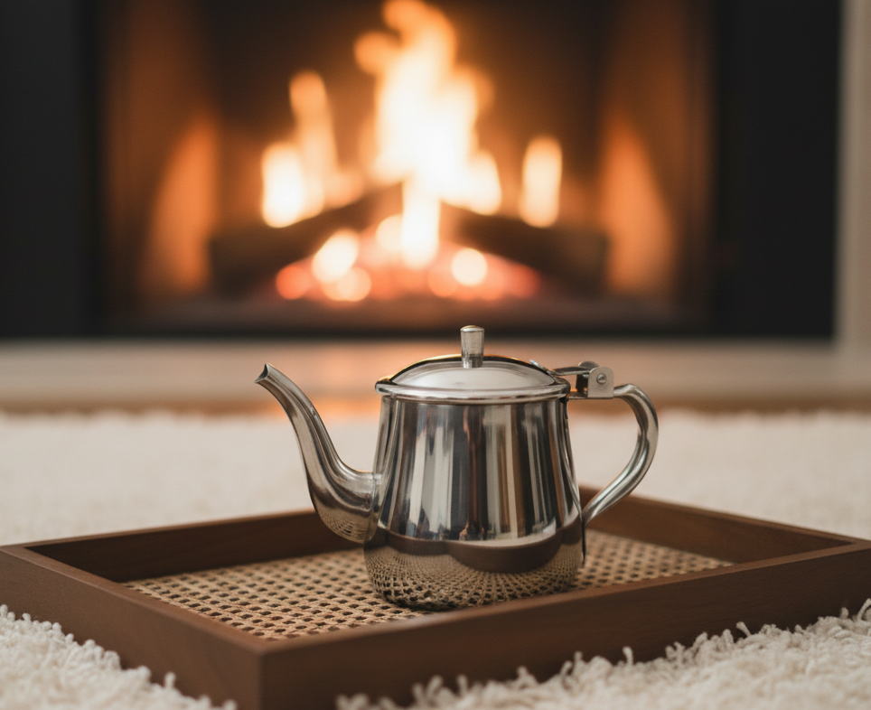 Hygge Gift Box teapot on tray by fireplace, embodying fall vibes and cozy elegance for curated discovery bundles.