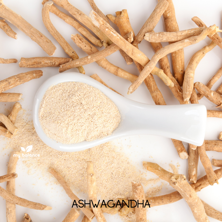 Organic Ashwagandha powder and roots with My Balance branding for natural calm and balance.