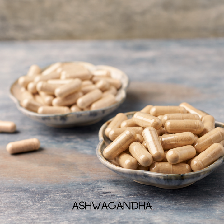 Bowls of organic Ashwagandha capsules for natural calm and balance, vegan-friendly supplement.