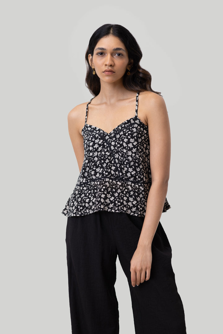 V-neck Lace Camisole - Black Florals