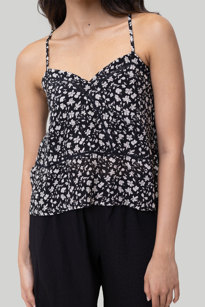 V-neck Lace Camisole - Black Florals