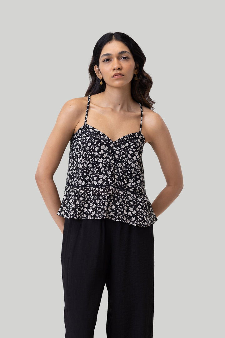 V-neck Lace Camisole - Black Florals