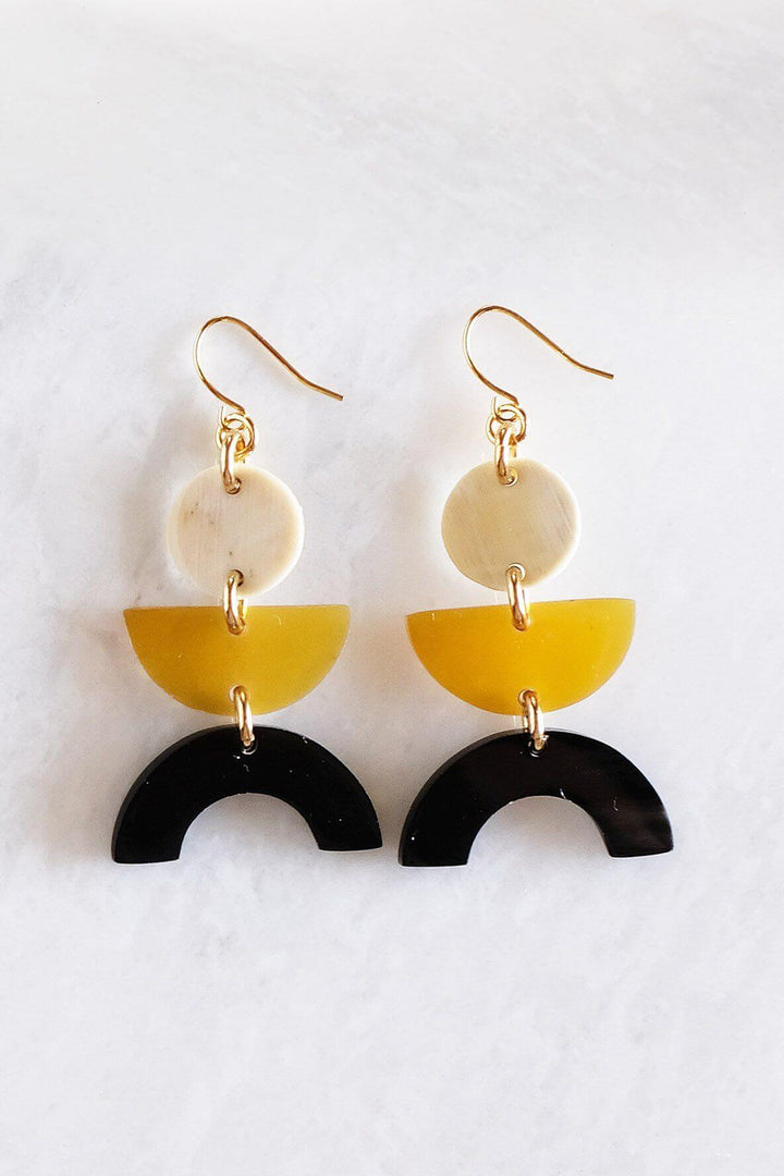 Vui Mung geometric buffalo horn statement earrings in mixed horn materials with gold-plated hooks, handcrafted and unique, assembled in California.