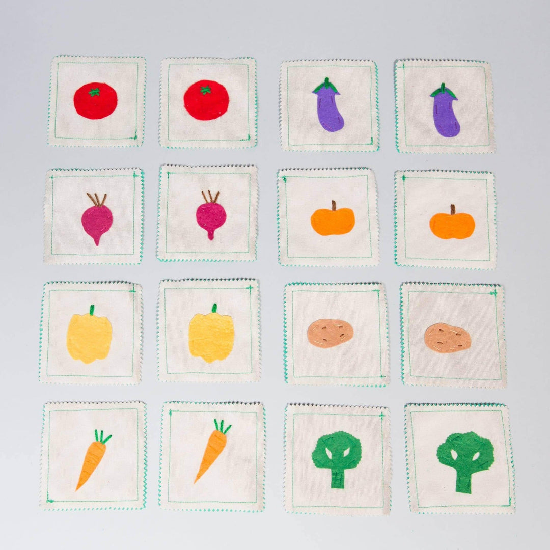 Handmade vegetable memory game with felt pieces and carrying case for educational play