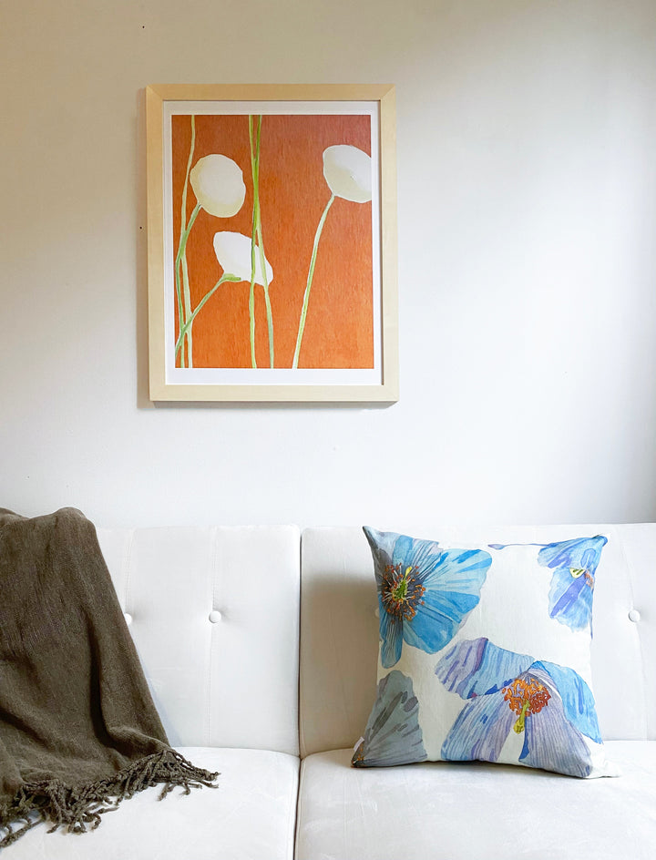 Throw Pillow: Himalayan Blue Poppies on Ecru