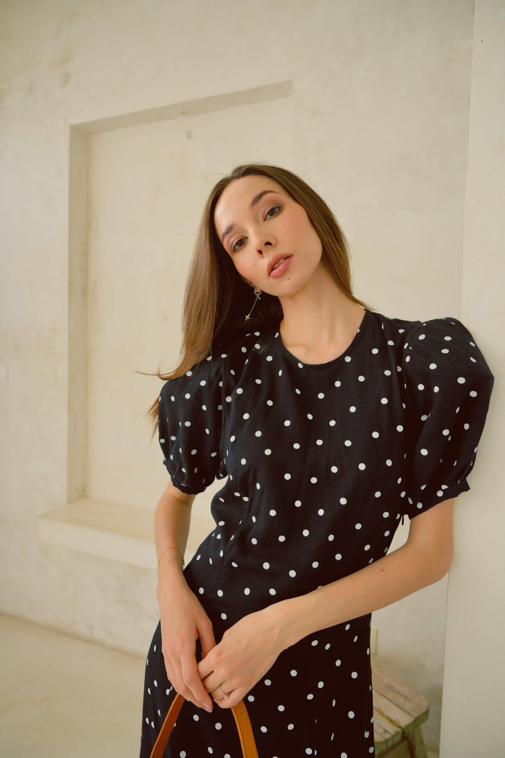 Poppy Puffy Sleeves Polka Dots Maxi Dress in Black