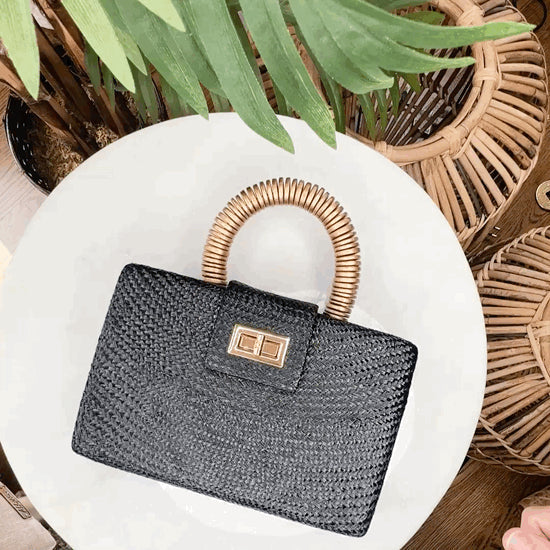THE GRACIE Black & Gold Woven Buntal Straw Clutch Bag