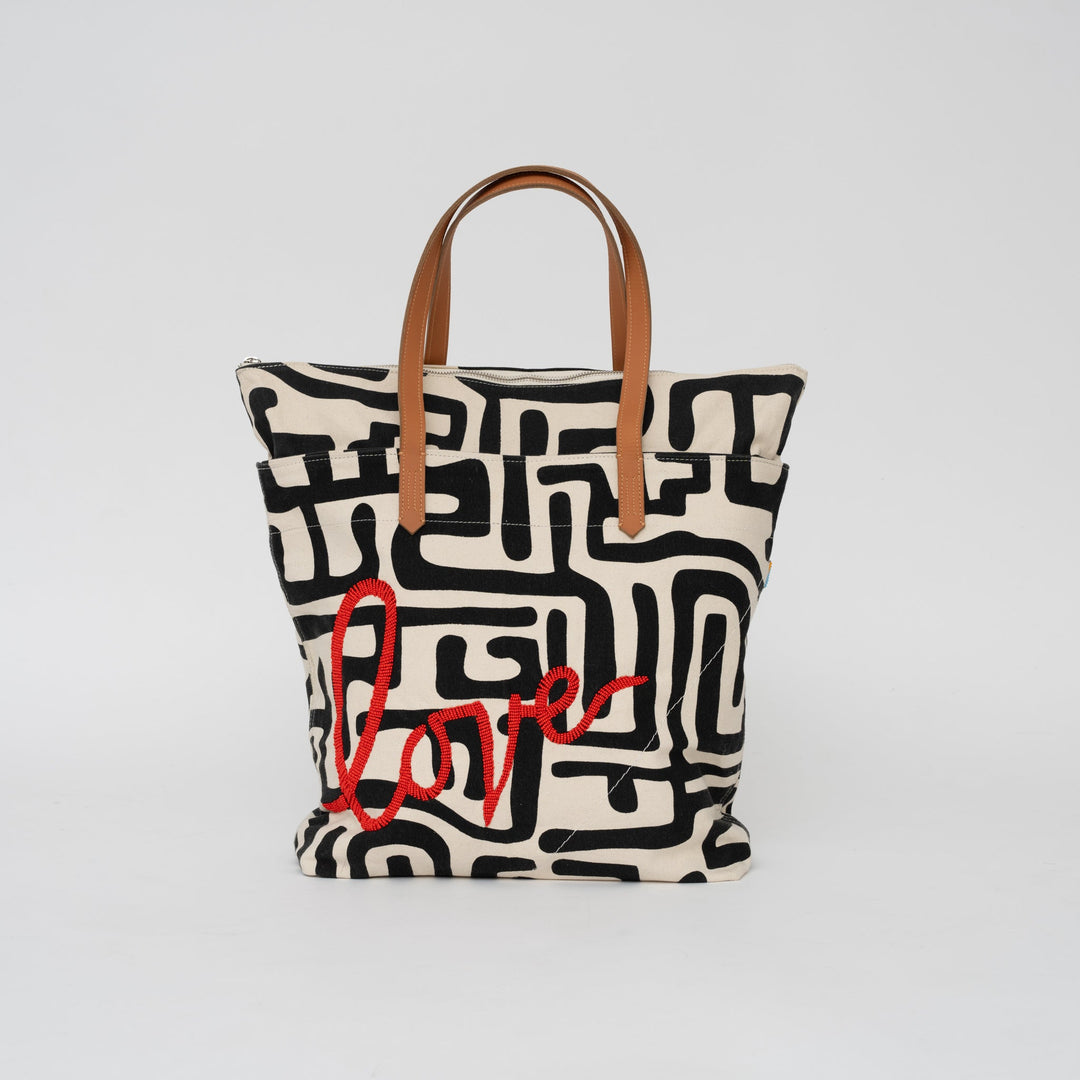 Go-To Tote - Black Kuba with Beaded Red Love