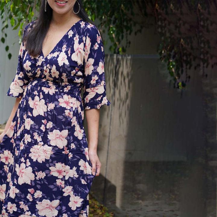 Kasih Co-op Dress Blue Trumpet Sleeve Over the Knee with White and Pink Floral Pattern