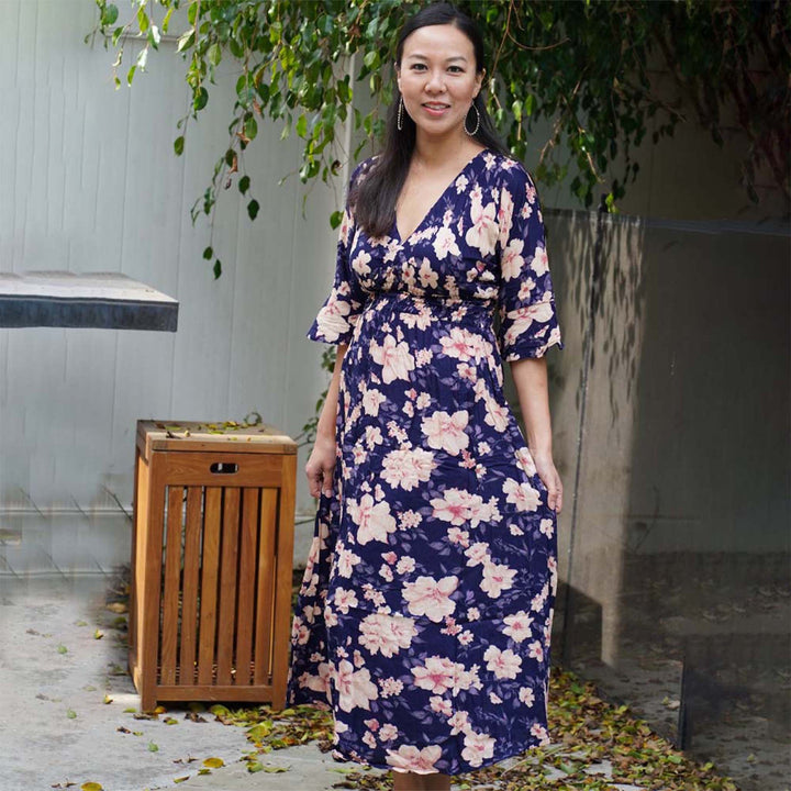 Kasih Co-op Dress Blue Trumpet Sleeve Over the Knee with White and Pink Floral Pattern