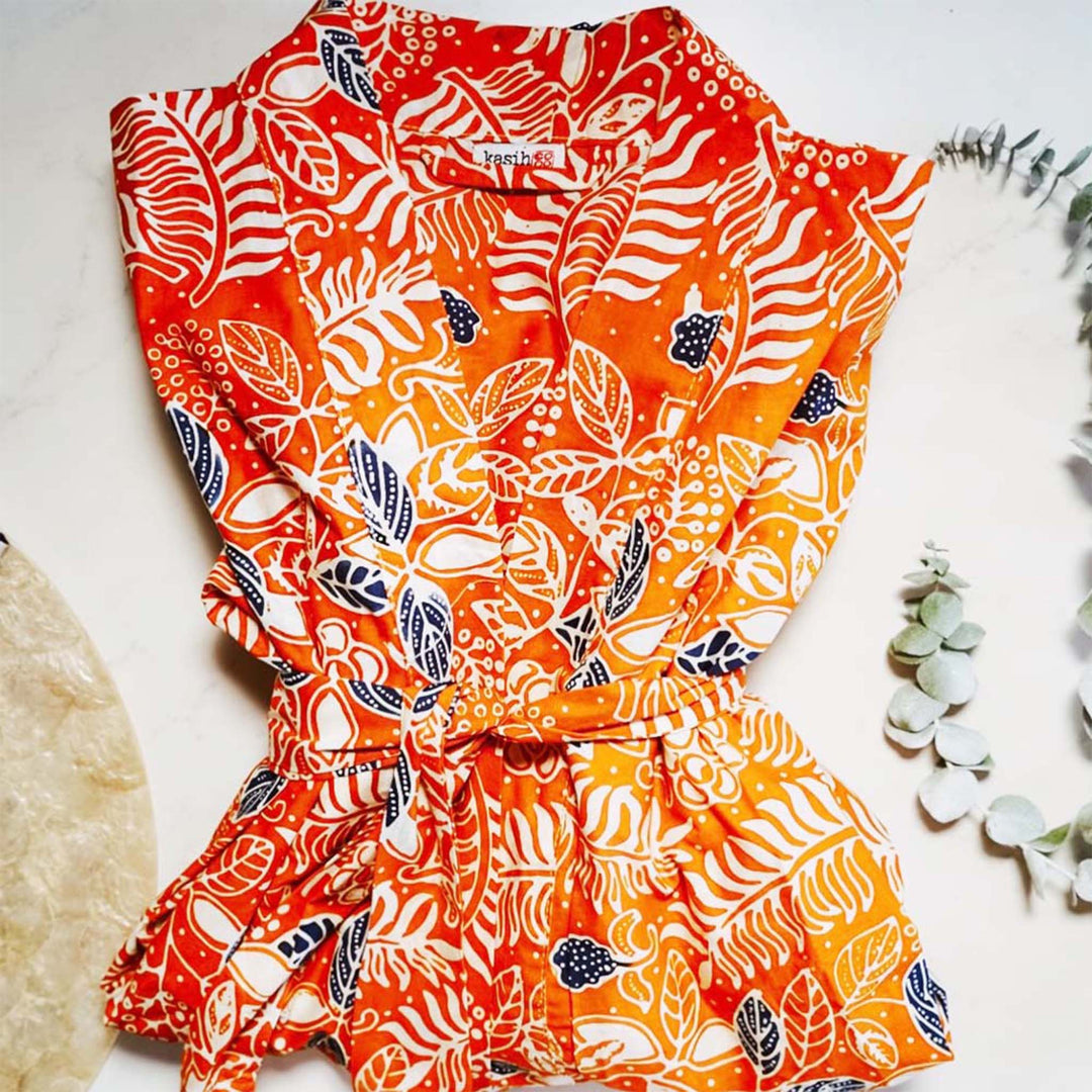 Handmade Batik Robe Kimono | Orange Carnelian | Hand Dyed, 100% Cotton, Clementine