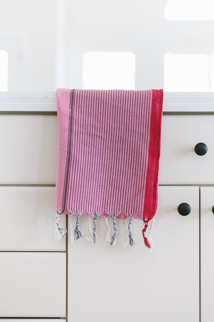Handwoven gypsy pink Turkish cotton hand towel with natural texture and soft absorbent fibers