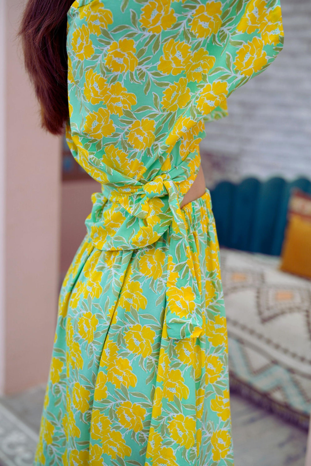 Aubrey Floral Wrap Top and Midi Skirt Matching Set | Yellow Garden