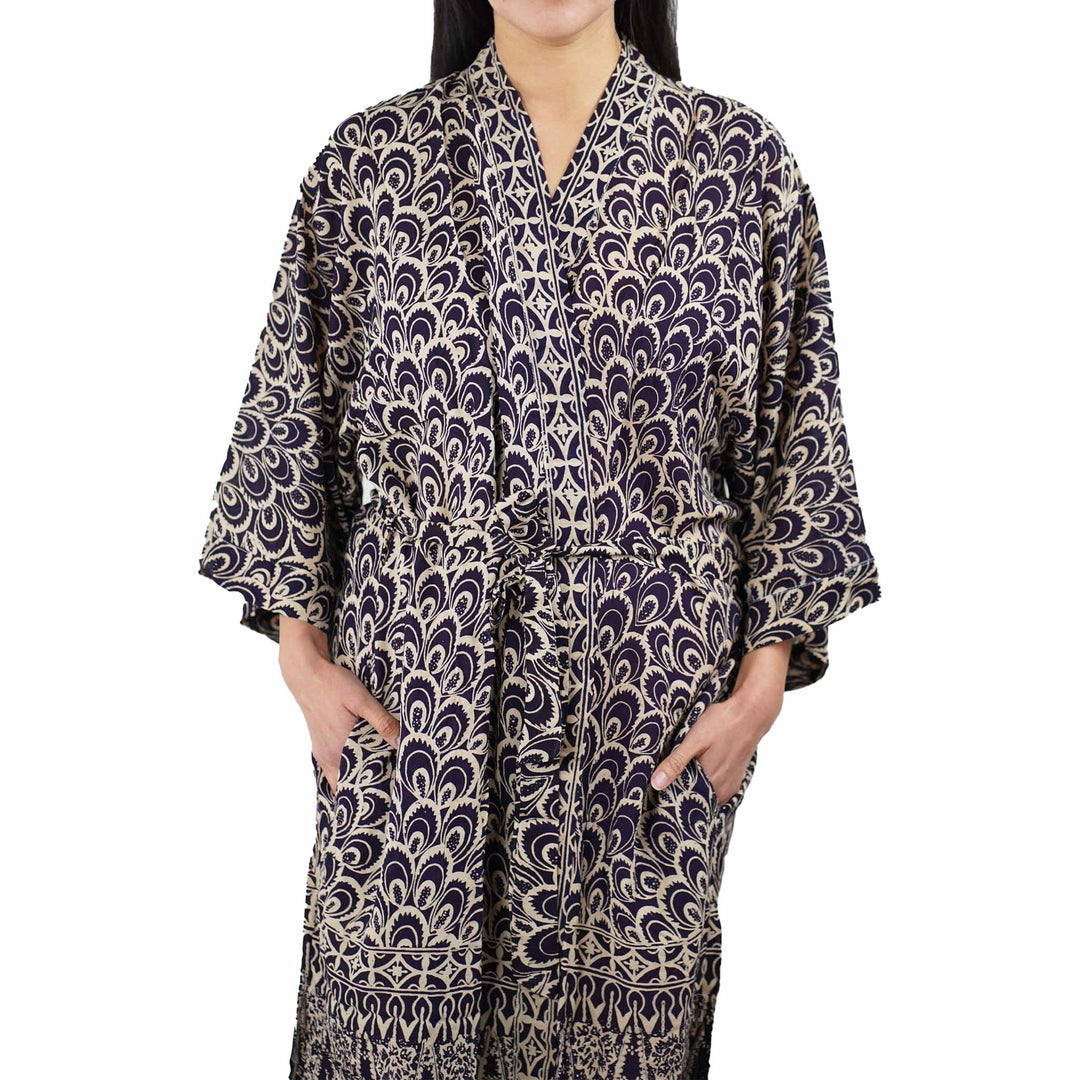 Handmade Batik Robe Kimono | 100% Cotton | Soft, Hand Dyed | Black Gray Peacock