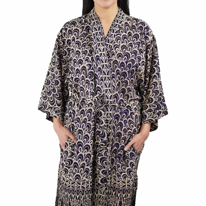 Handmade Batik Robe Kimono | 100% Cotton | Soft, Hand Dyed | Black Gray Peacock