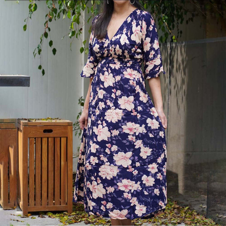 Kasih Co-op Dress Blue Trumpet Sleeve Over the Knee with White and Pink Floral Pattern