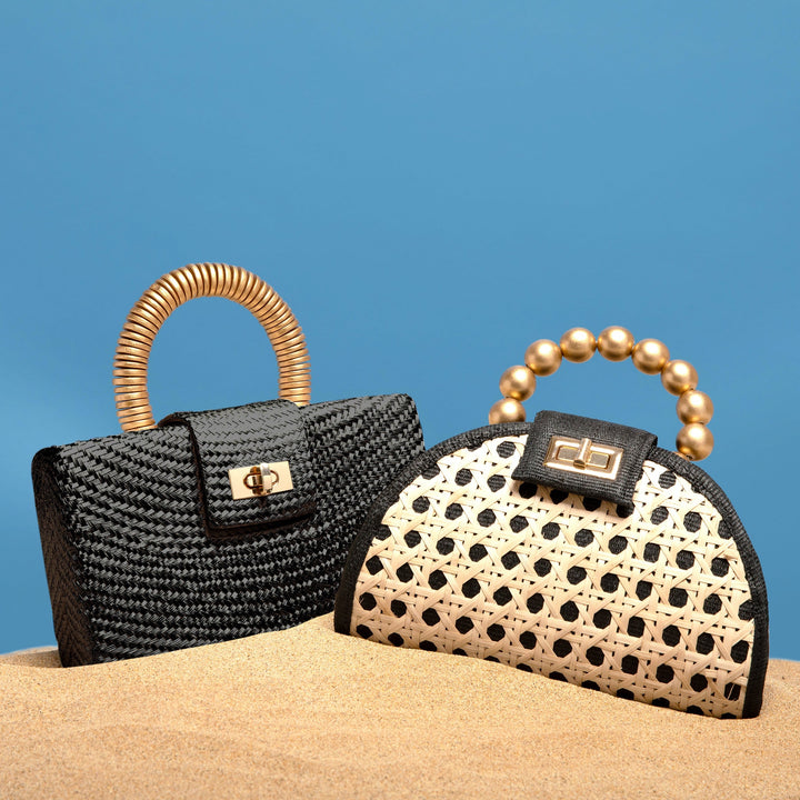 THE GRACIE Black & Gold Woven Buntal Straw Clutch Bag