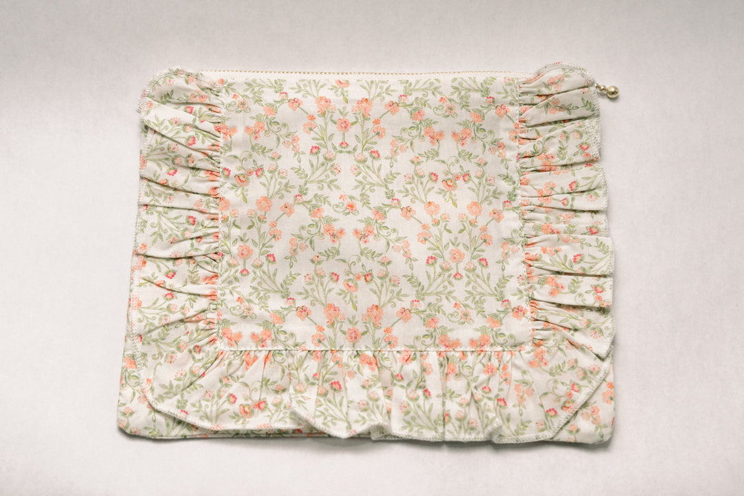 Apricot Meadow |Timeless Floral Ruffle Zipper Pouch