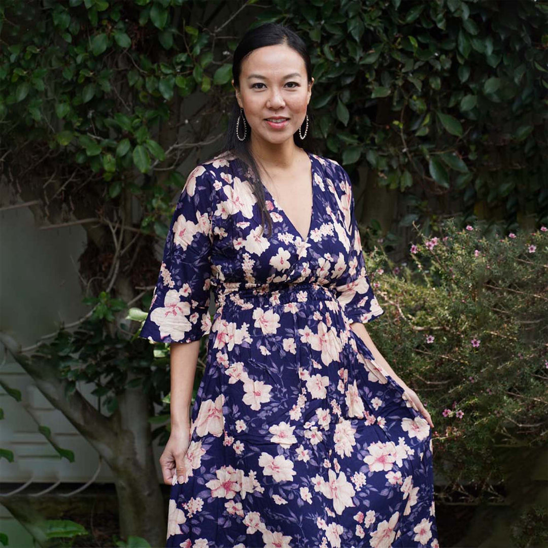 Kasih Co-op Dress Blue Trumpet Sleeve Over the Knee with White and Pink Floral Pattern