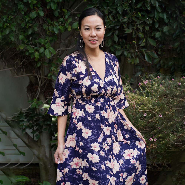 Kasih Co-op Dress Blue Trumpet Sleeve Over the Knee with White and Pink Floral Pattern