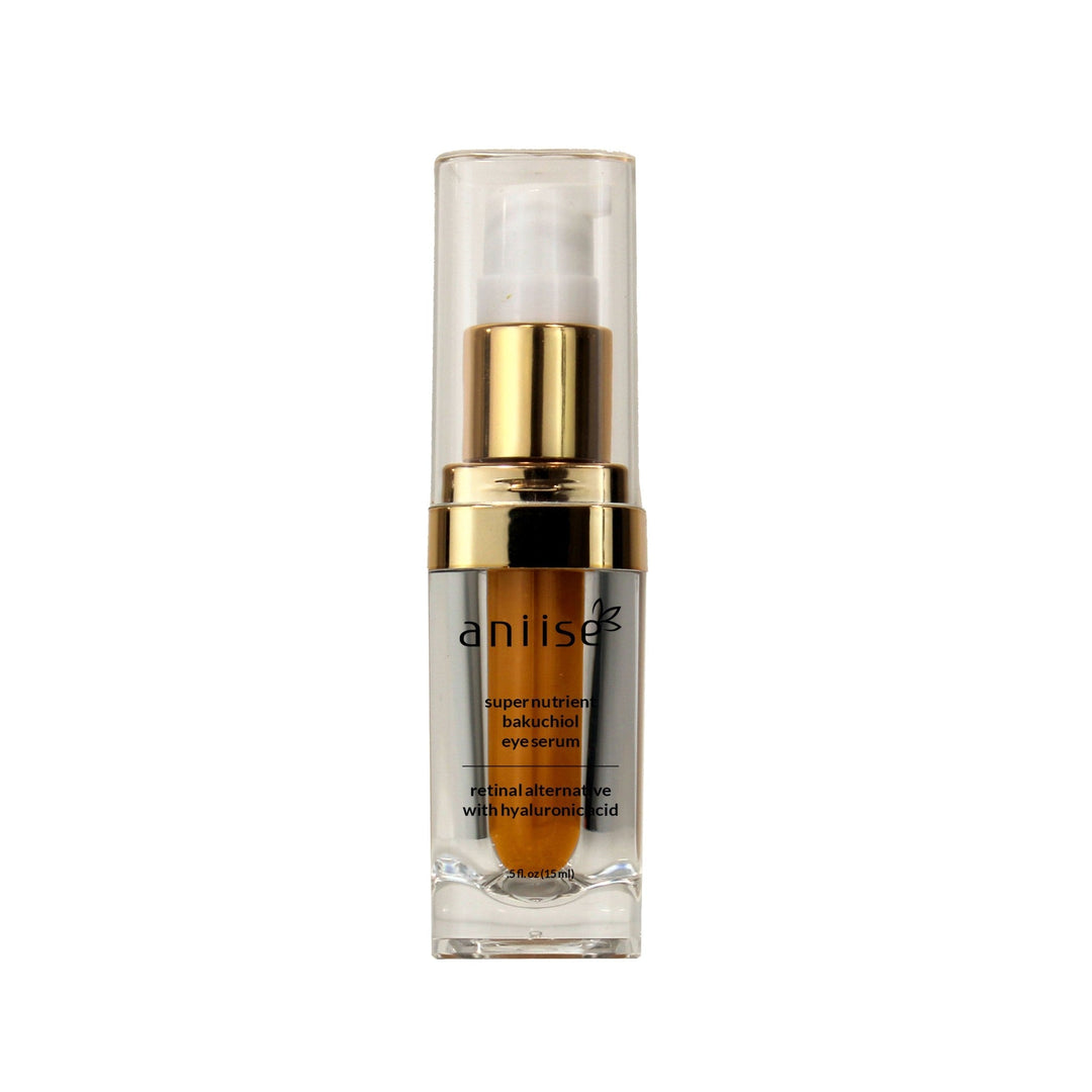 Bakuchiol Eye Serum bottle with gold cap, a natural anti-aging retinol alternative by Aniise, featuring hyaluronic acid.