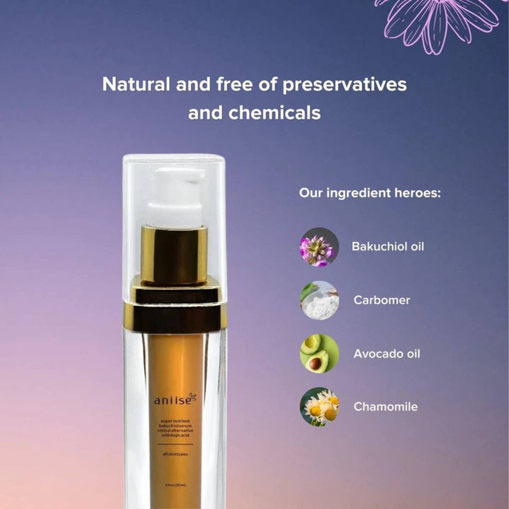 Bakuchiol serum bottle with key ingredients: bakuchiol oil, carbomer, avocado oil, and chamomile. Natural and chemical-free.