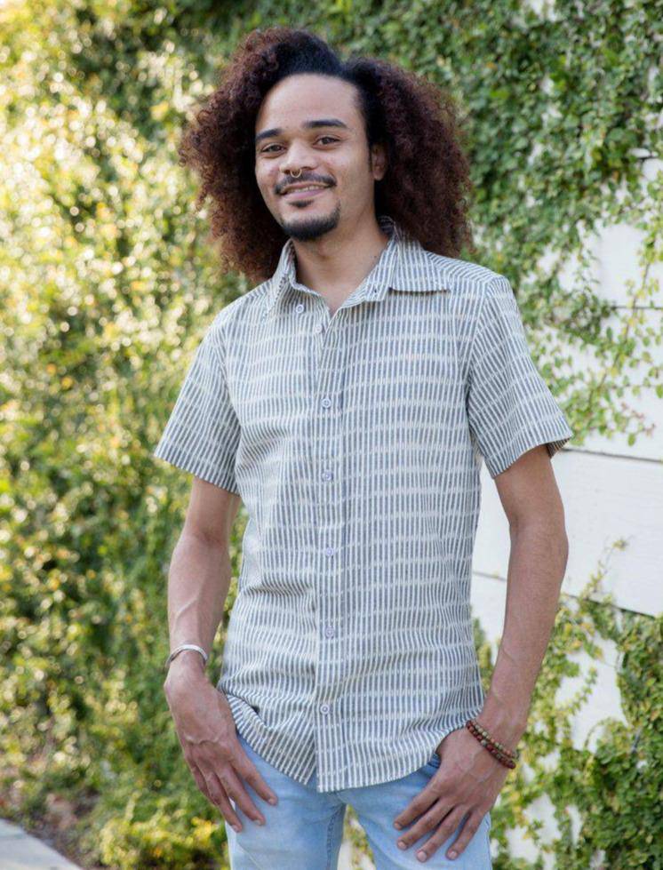 Grey striped cotton button down shirt handwoven with ikat pattern short sleeves slim fit