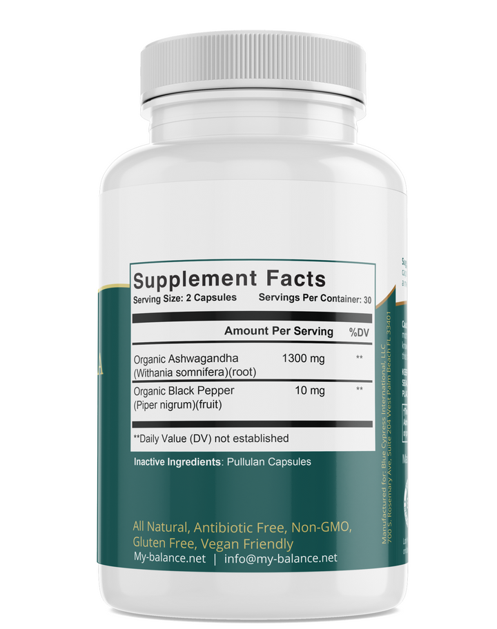Bottle of My Balance Nutrisentials Organic Ashwagandha Capsules featuring supplement facts label, vegan-friendly, non-GMO, antibiotic-free.