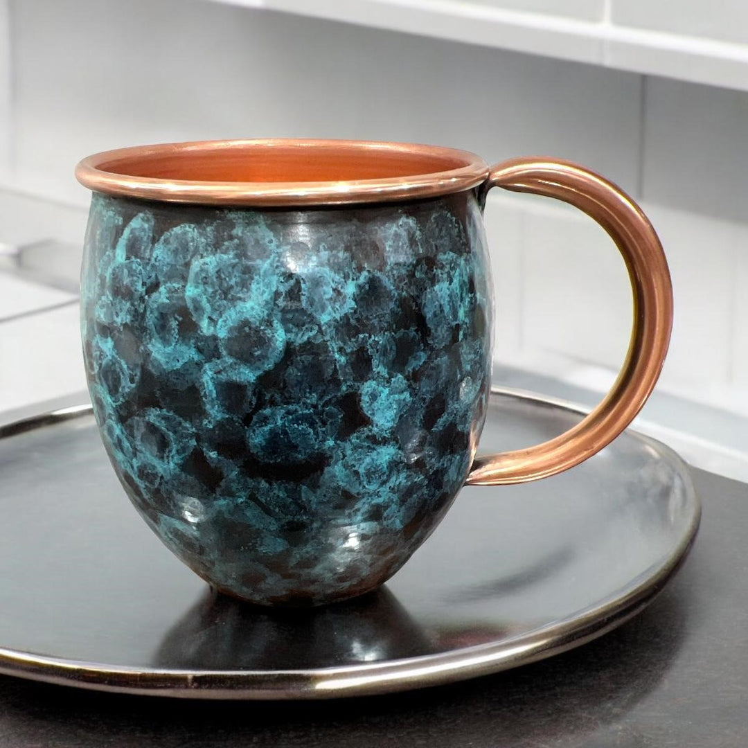 Set of Two Copper Barrel Mugs - Hammered and Stained Blue Patina