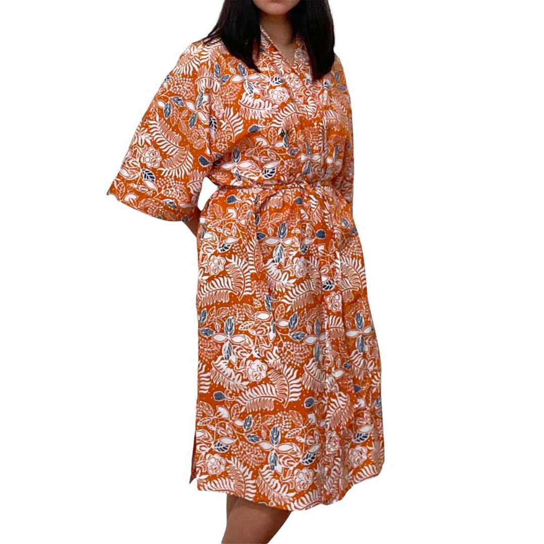 Handmade Batik Robe Kimono | Orange Carnelian | Hand Dyed, 100% Cotton, Clementine