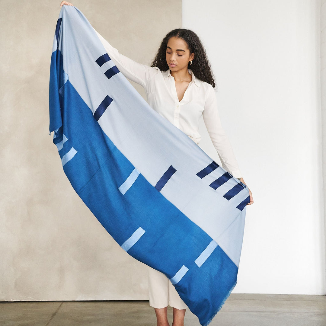 Harbor Blue Silk Merino Hand Woven Hand Embroidered Modern Artisanal Scarf