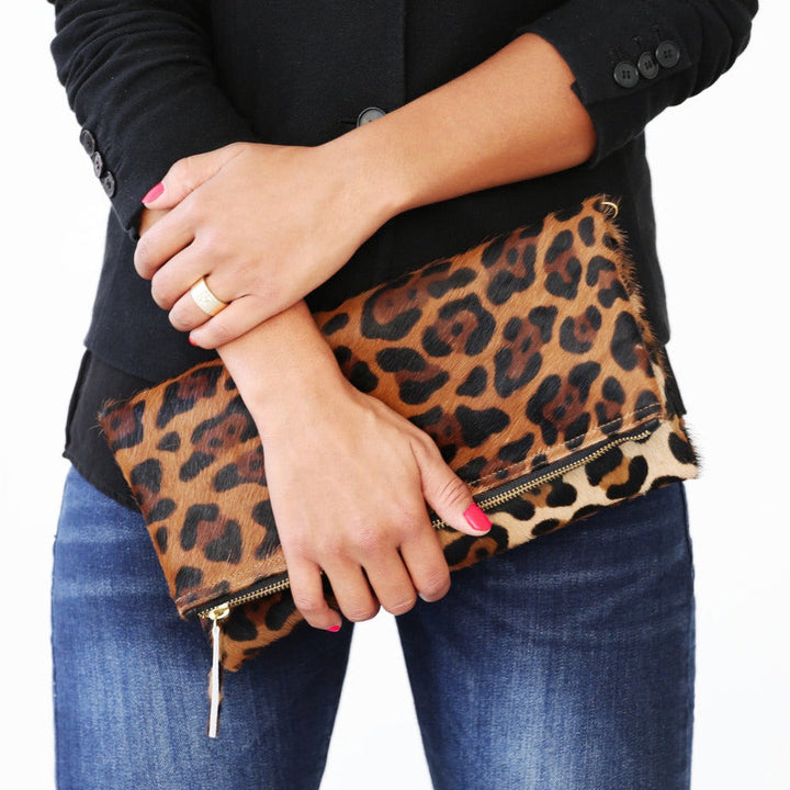Leopard Leather Fold over Clutch