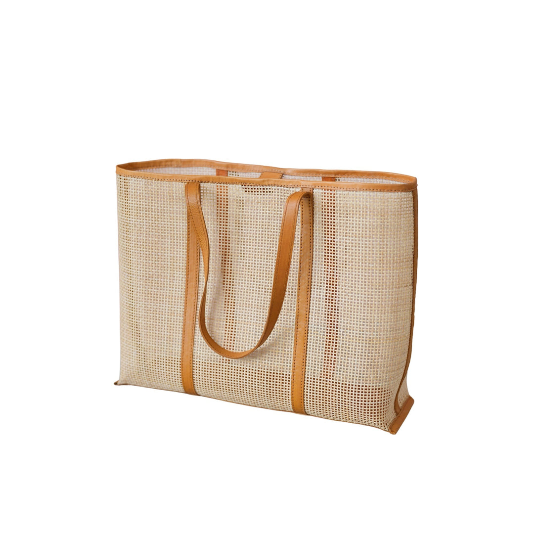 Brianna Large Woven Rattan and Leather Tote Large size in Tan