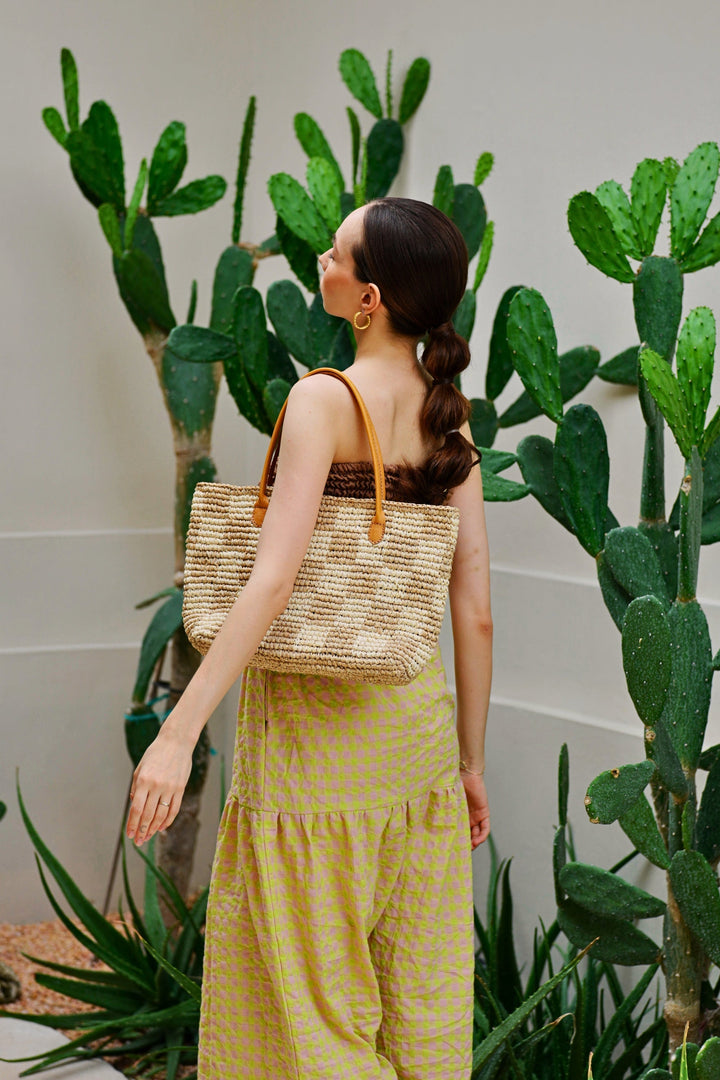 Lindsey Checker Raffia Tote