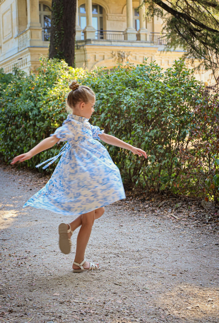 Aoki Dress-Blue Toile | Three-Quarter Length Sleeve