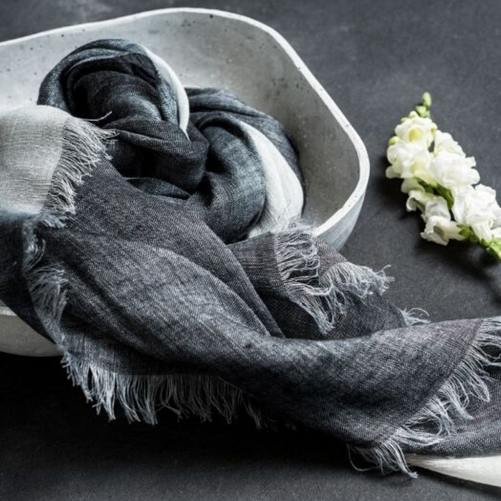 Granite Black White Ombre Linen Silk Handloom Scarf