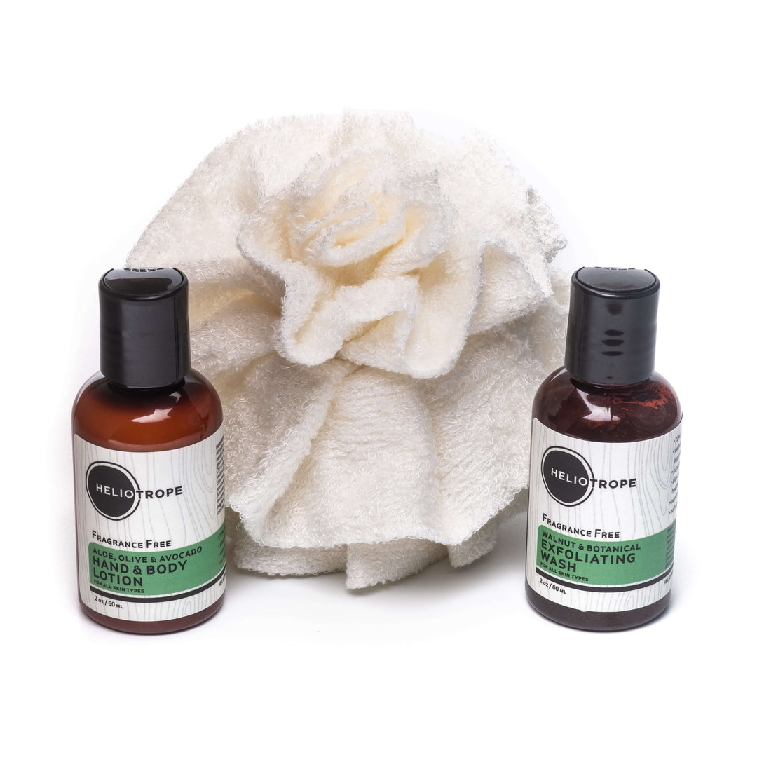 Small Body Care Kit with plant-based lotion, exfoliating wash, and soft scrubber, perfect for travel, gifting, and daily use.