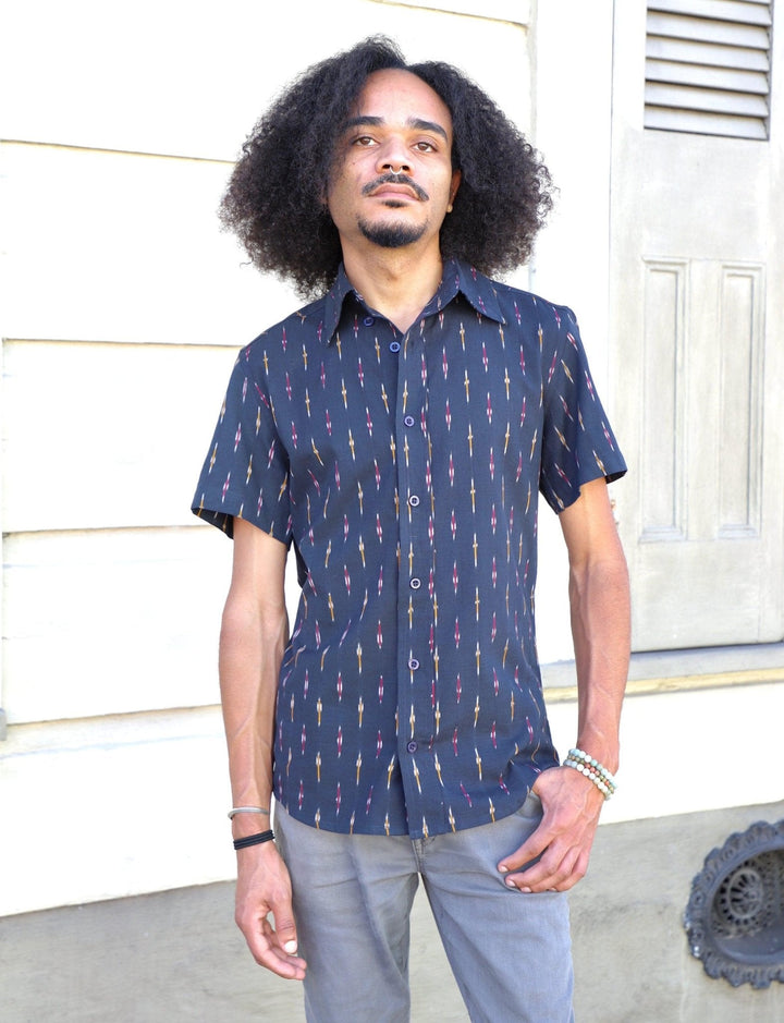 Navy cotton button down shirt with handwoven ikat pattern in red orange white geometric design
