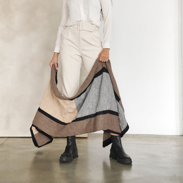 Muhu Brown Gray Hand Knitted Peruvian Alpaca Blanket / Large Plush Scarf